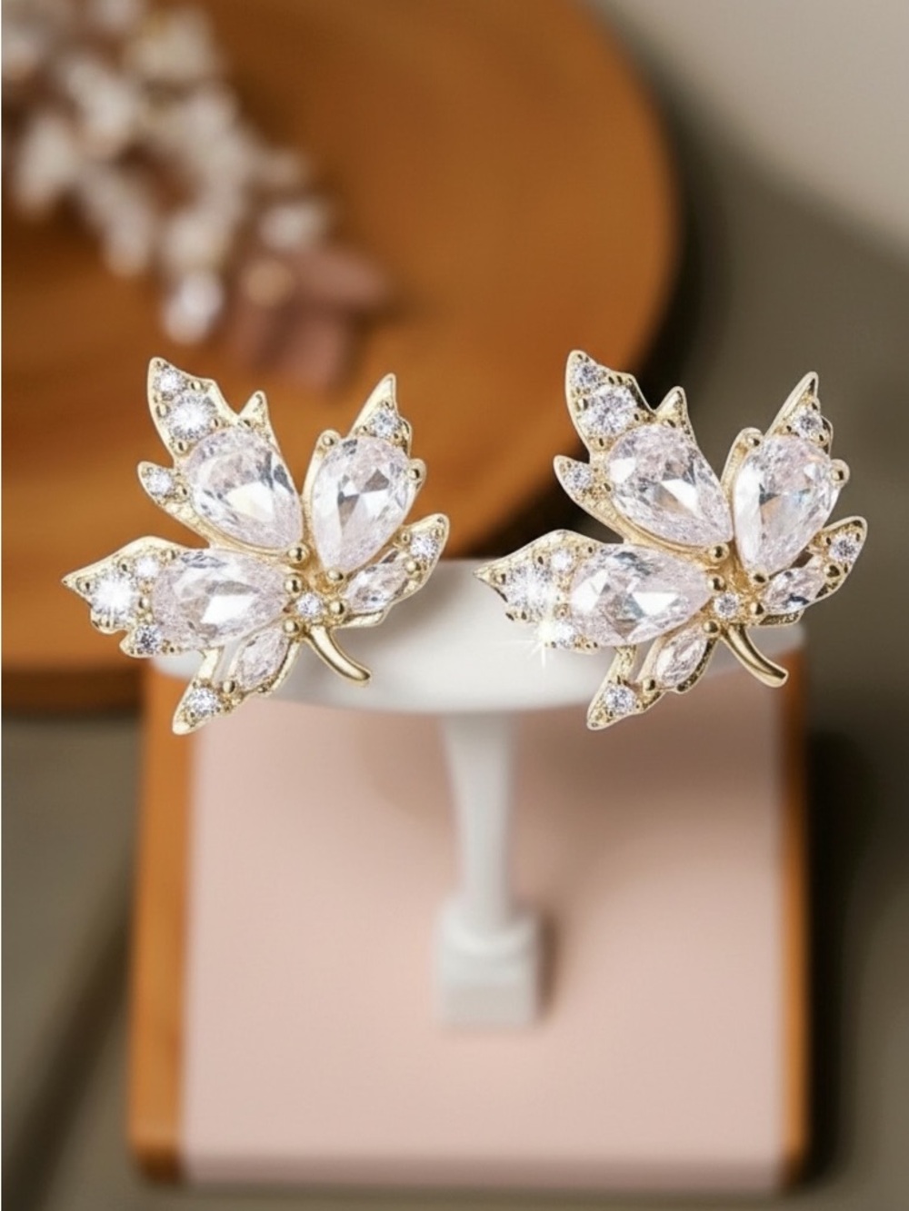 18k Gold Plated Leaf Cubic Zircon Earrings. New.
